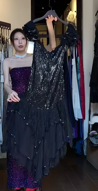 Black Off Shoulder Cowl Neck Sequin Tiered Asymmetrical Ruffle Tulle Long Evening Prom Dress gh9768