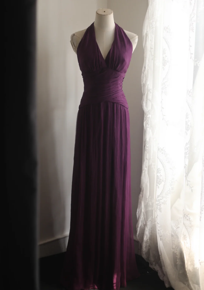 Deep Purple Halter V‑Neck Long Evening Gown, Cross Ruched Waist Flowy Chiffon A‑Line Bridesmaid Formal Dress gh9107