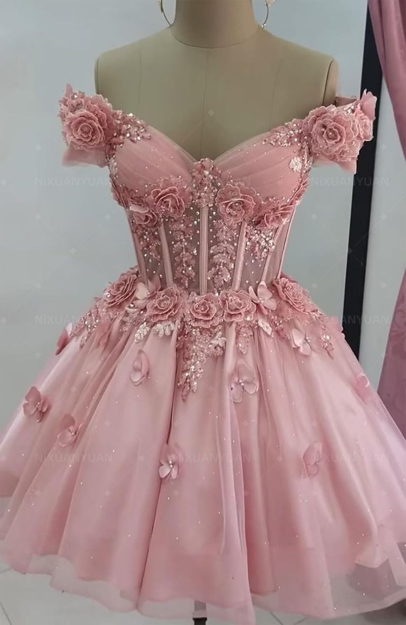 Girlhomeshops - Rosa Blumenmuster, exquisites, perlenbesetztes, kurzes Tüllkleid für Heimkehr, Ballkleid, Geburtstagsparty, Kleid gh5024