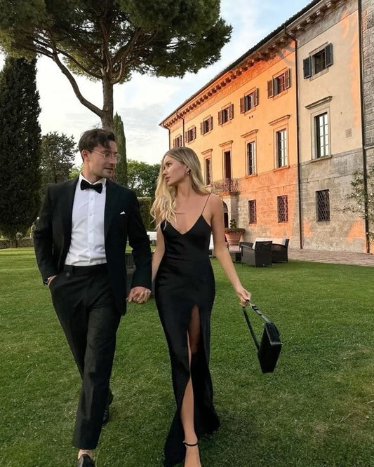 Schwarzes, elegantes, langes Satin-Schlitz-Sexy-Ballkleid-Abendkleid für Hochzeitsgäste, Partykleid gh3431