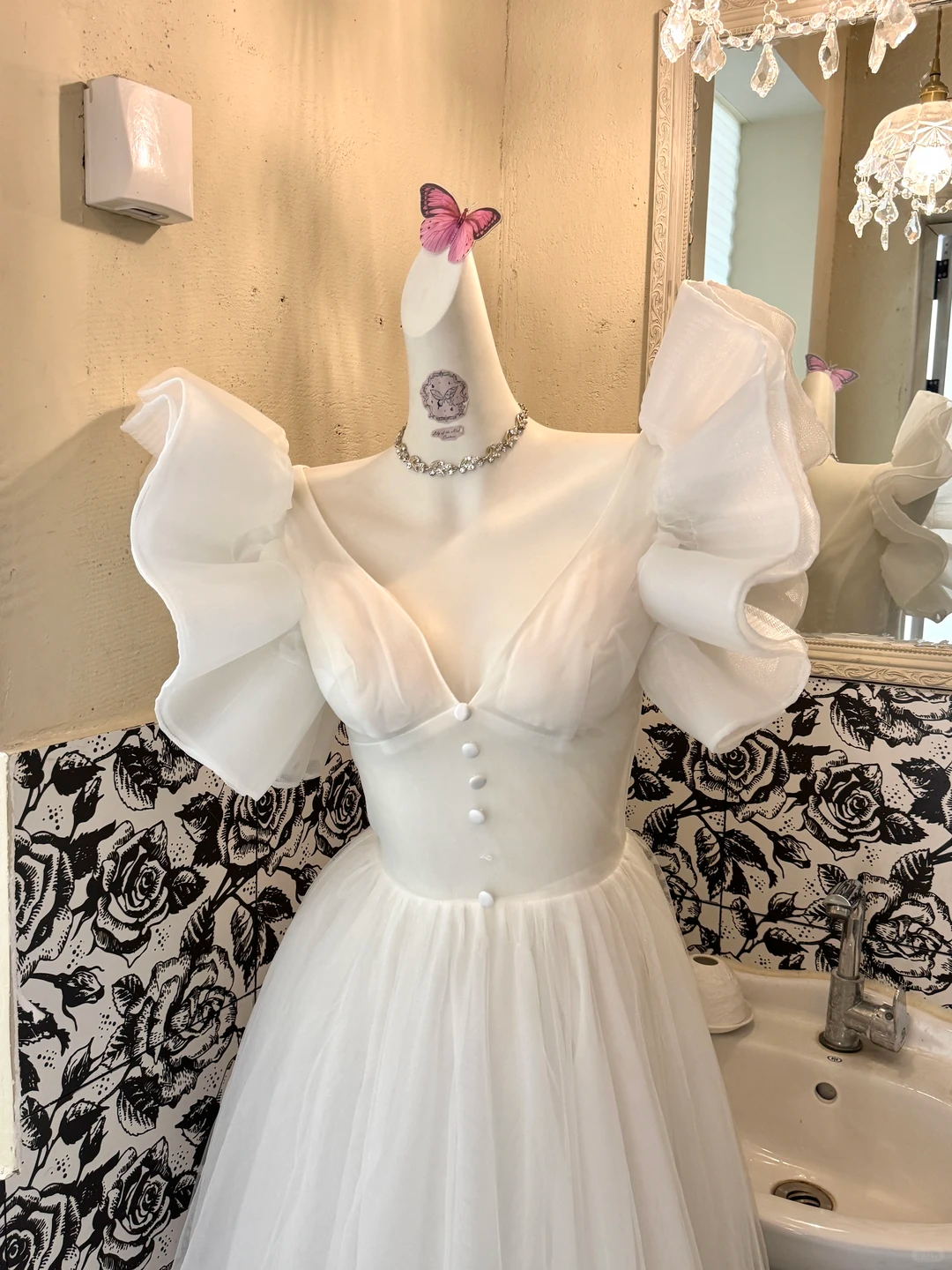 White Ruffled Spaghetti Straps Waist-Cinched Full Flared Skirt Romantic Dress, Wedding Gown gh7626