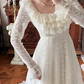 Cream Vintage Lace Wedding Gown, Square Neck With Ruffle Trim, Long Lace Sleeves, High Waist, Multi‑Tiered Ruffle Lace Long Train Prom Dress gh8629