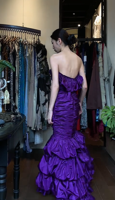 Purple Strapless Sweetheart Long Formal Gown Tiered Ruffle Mermaid Evening Dress gh9653