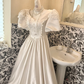 White Vintage Satin Puff Sleeve Cinched Waist Long Lace Skirt Romantic Dress, Wedding Gown gh7807