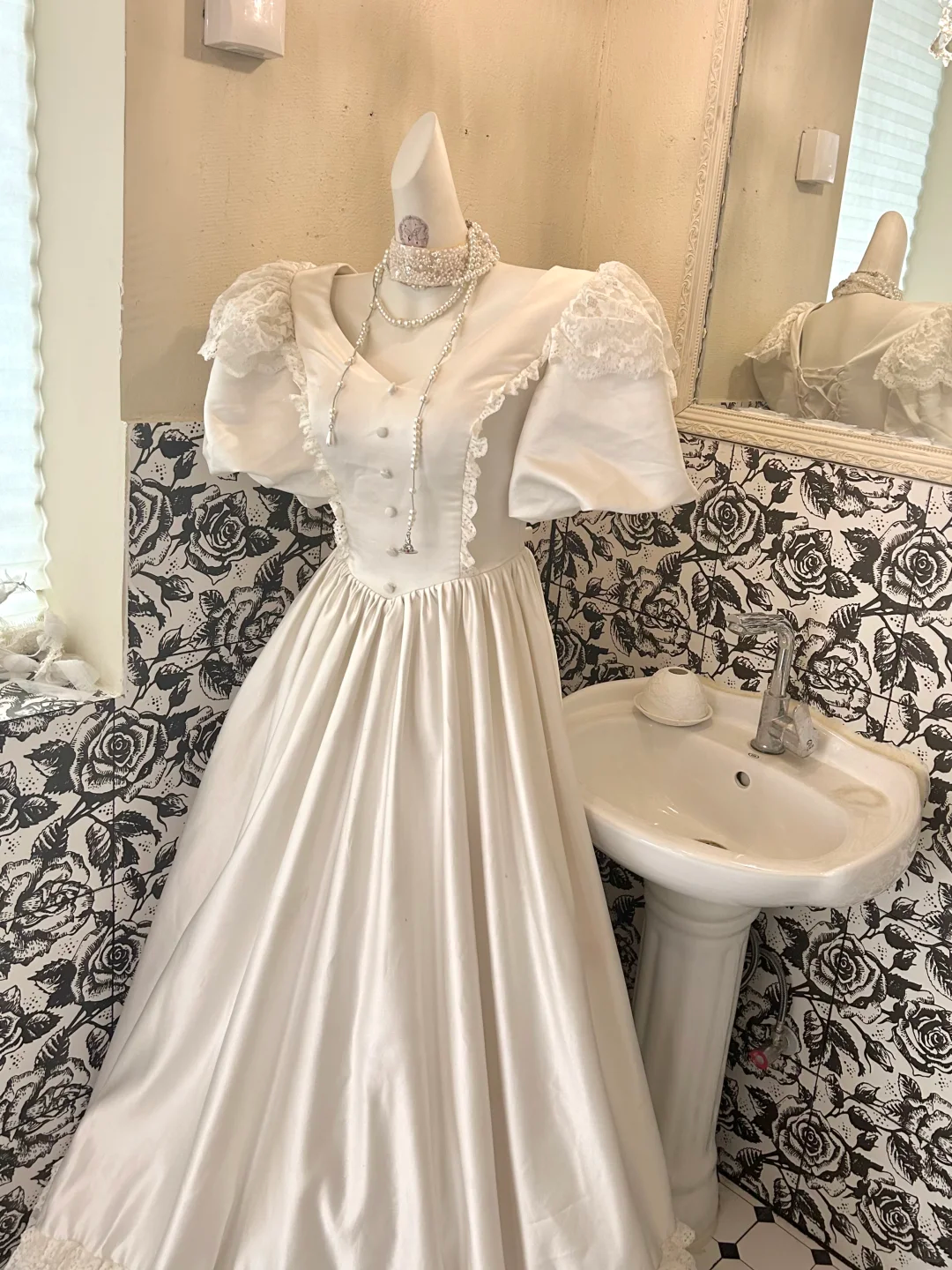 White Vintage Satin Puff Sleeve Cinched Waist Long Lace Skirt Romantic Dress, Wedding Gown gh7807