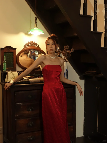 Red Strapless Jacquard Column Prom Dress Textured Fabric Long Evening Gown gh9859