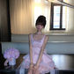 Pink Square Neck Satin Homecoming Dress Lace Mini Prom Gown With Detachable Train gh9409