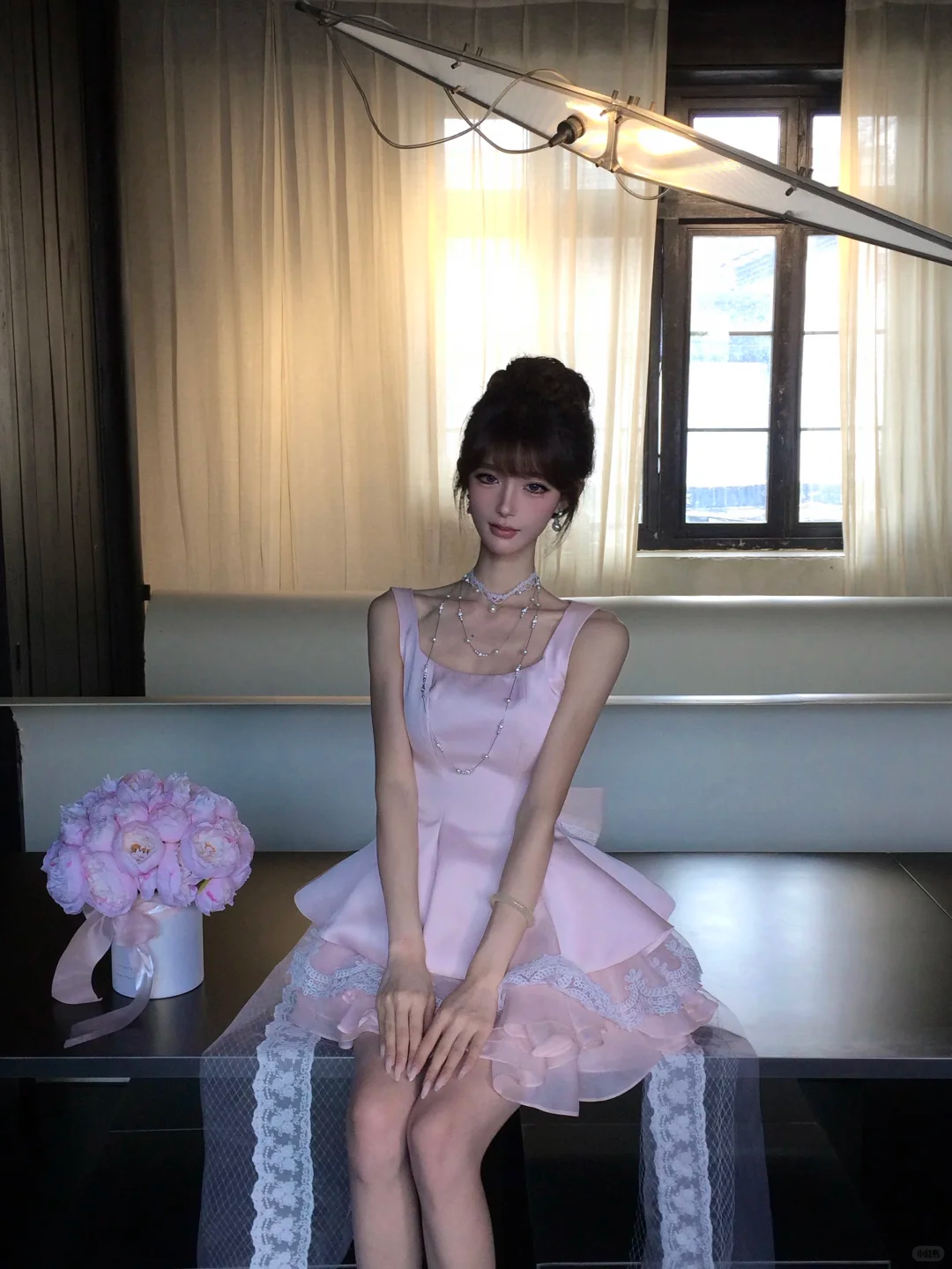 Pink Square Neck Satin Homecoming Dress Lace Mini Prom Gown With Detachable Train gh9409