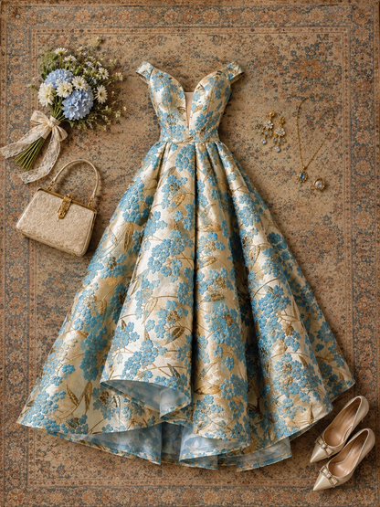 ✨Girlhomeshops-V Neck Cap Sleeve Blue Floral Jacquard Satin High Low Prom Gown gh10288