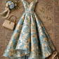 ✨Girlhomeshops-V Neck Cap Sleeve Blue Floral Jacquard Satin High Low Prom Gown gh10288