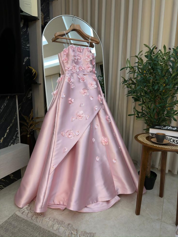 Rosa, zart, süß, transparent, Träger, Applikation, Blumenmuster, lang, Satin, formelles Ballkleid, Abendkleid gh3146