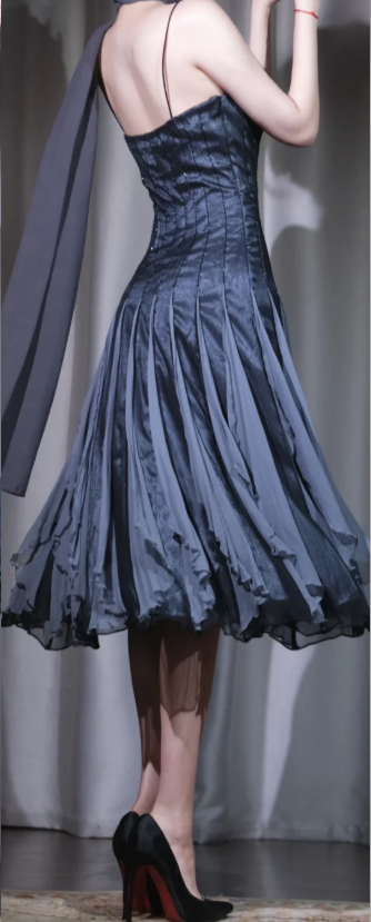 ✨Girlhomeshops-Vintage Midi Prom Dress Sweetheart Spaghetti Strap Chiffon Ruffle Evening Gown gh9962