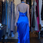 Halter Royal Blue Satin Evening Gown Deep V Ruched Side Ruffle Slit Long Prom Dress gh9707