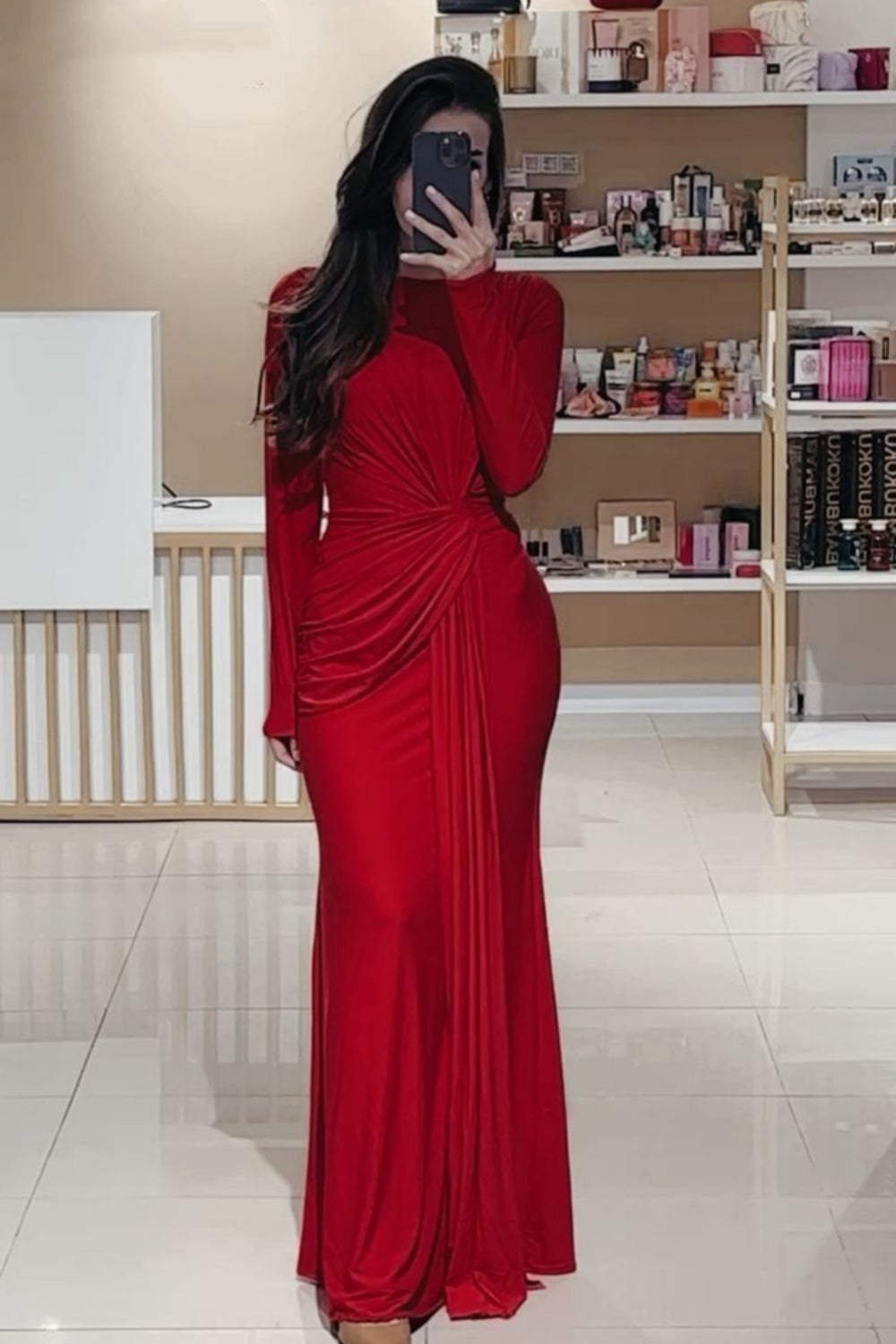 girlhomeshops - Robe longue rouge à manches longues gh6262