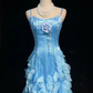 Light Blue Square Neck Prom Dress Spaghetti Straps 3D Petal Tulle Beaded Formal Dress gh9546