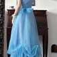 Sky‑Blue Vintage Chiffon Prom Gown, Square Neck Cap Puff Short Sleeves, Matching Thin Sash Waistband, Flowy Full‑Length Skirt With Gathered Knot Skirt Details, Floor‑Length Evening Prom Dress gh8794