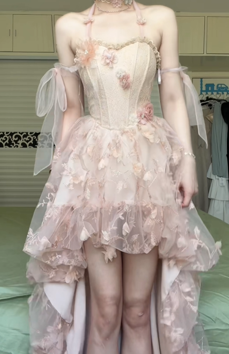 Blush Pink Spaghetti Strap High‑Low Prom Gown, Corset Bodice 3D Floral Appliqué Detachable Tulle Sleeve Formal Evening Dress gh8974