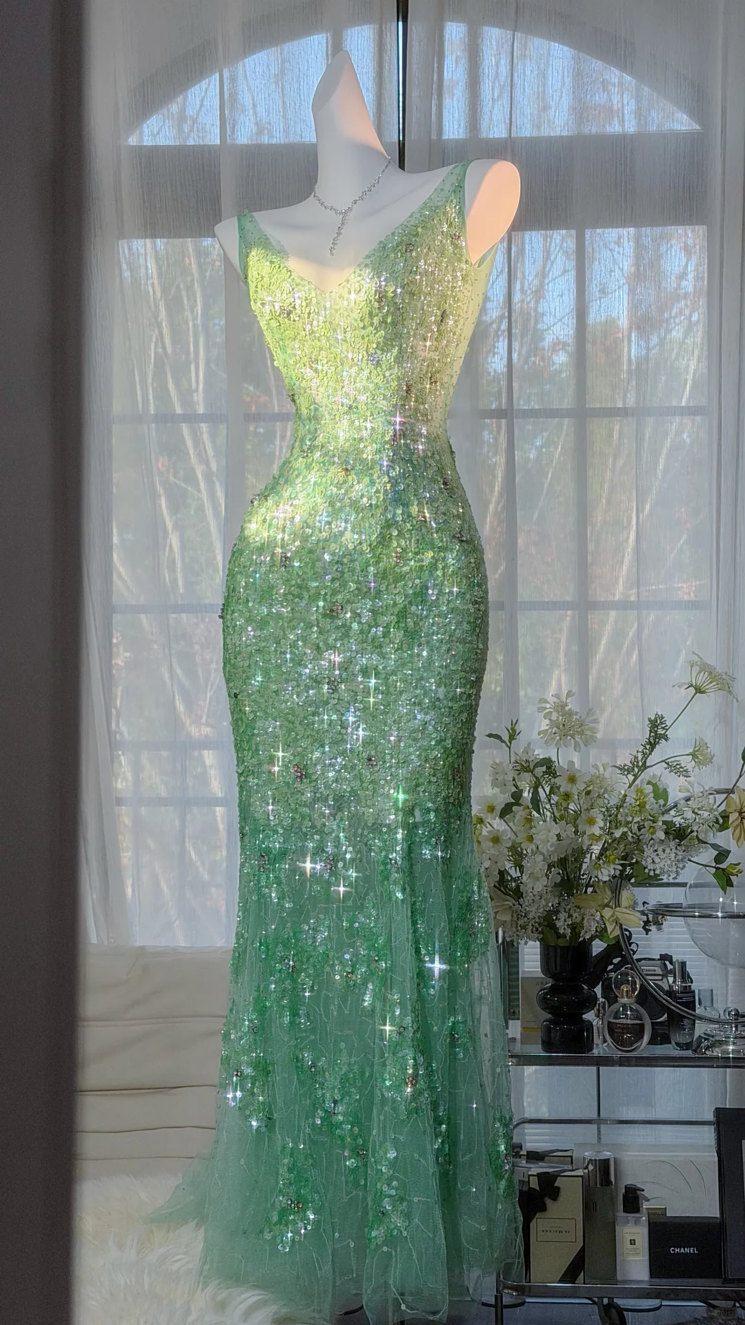 Mint Green V-Neck Sleeveless Fully Sequined Beaded Mermaid Evening Dress, Prom Gown gh9525