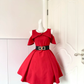 Women Red Homecoming Dress, Ruffle Cold‑Shoulder Neckline, Wide Black Sash With Decorative Gold Buckle, High Waist Voluminous A‑Line Mini Cocktail Party Dress gh9241