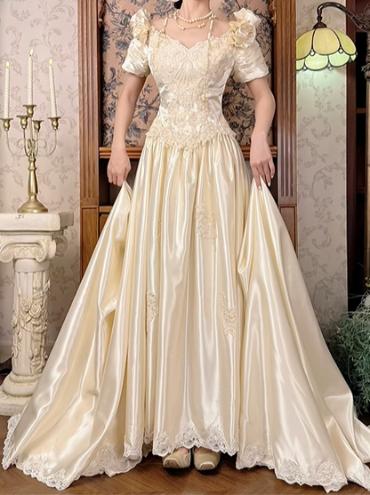 Light Apricot Rose Floral Neckline Fitted Waist Vintage Beaded Full Flared Skirt Long Prom Gown, Wedding Dress gh8598