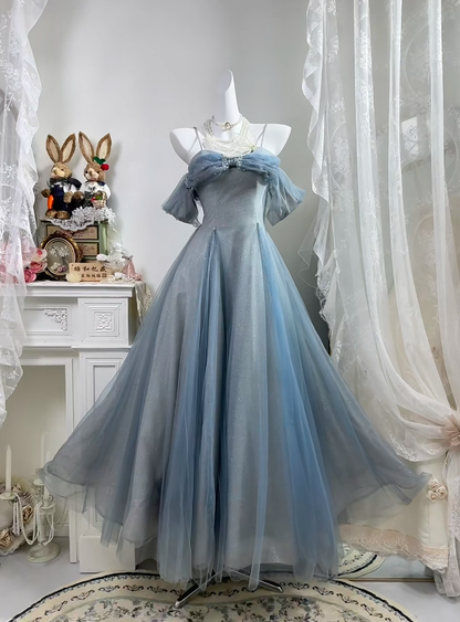 Dusty Blue Glitter Tulle Long Evening Gown, Off Shoulder Puff Sleeve A-Line Prom Dress With Bow gh9285