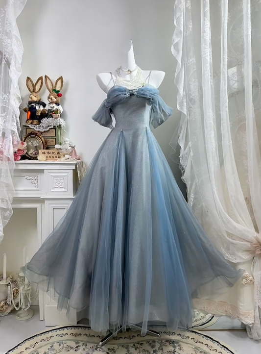 Dusty Blue Glitter Tulle Long Evening Gown, Off Shoulder Puff Sleeve A-Line Prom Dress With Bow gh9285