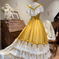 Vintage Yellow V-Neck White Lace Fitted Waist Tiered Cake Skirt Prom & Evening Party Dress gh8495