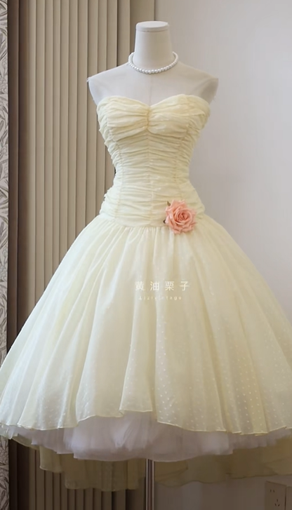 Cream Yellow Strapless Vintage Homecoming Dress Sweetheart Ruched Bodice Polka Dot Tulle Full Skirt Cocktail Gown gh9395