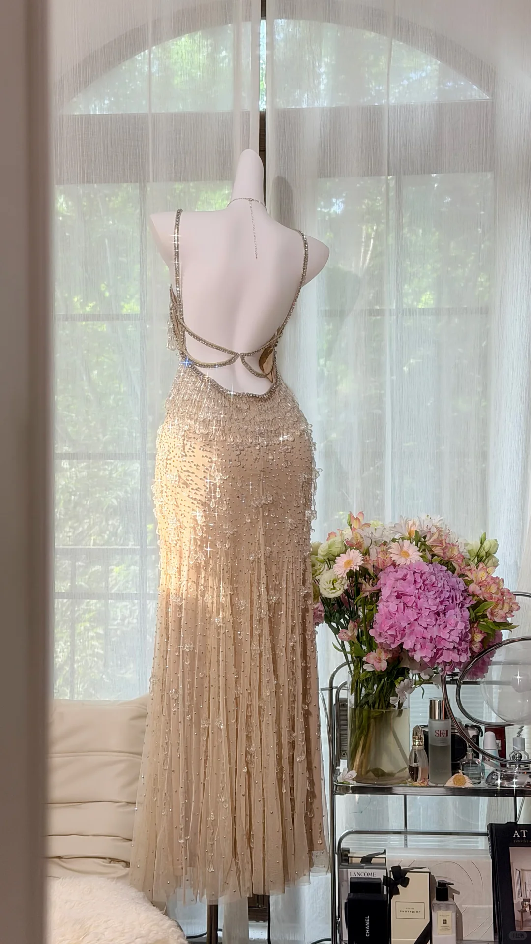 Nude Heavy Crystal Fringe Spaghetti Strap Mermaid Prom Dress, Beaded Tulle Long Evening Gown, Sparkly Formal Party Dress gh9496