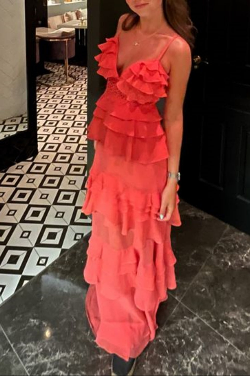 Orange Fashion Spaghetti Strap Lange Chiffon Rüschen Abendkleid Hochzeitsgast Kleid Partykleid gh3137