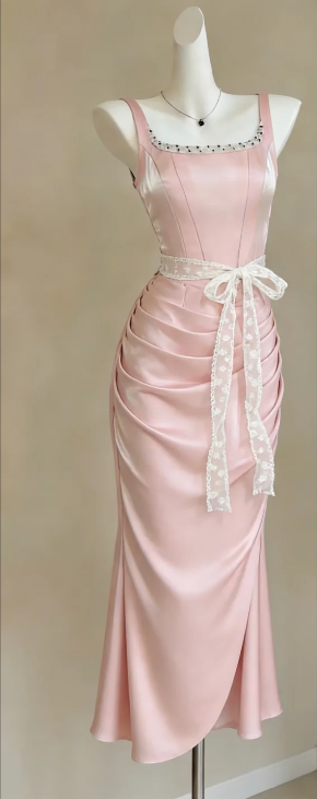 Square Neck Light Pink Satin Prom Gown Beaded Trim Corset Bodice Ruched Skirt Lace Bow Belt Evening Dress gh9474