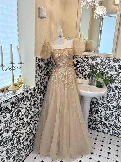 Gold Puff Sleeve Square Neck Waist-Cinched A-Line Skirt Elegant Luxury Romantic Dress, Wedding Gown gh7677