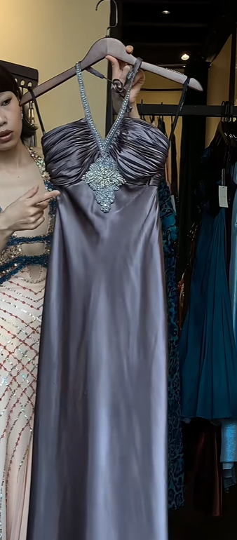 Dusty Purple Satin Halter Evening Gown Ruched Bust Rhinestone Detail Long Formal Prom Dress gh9739