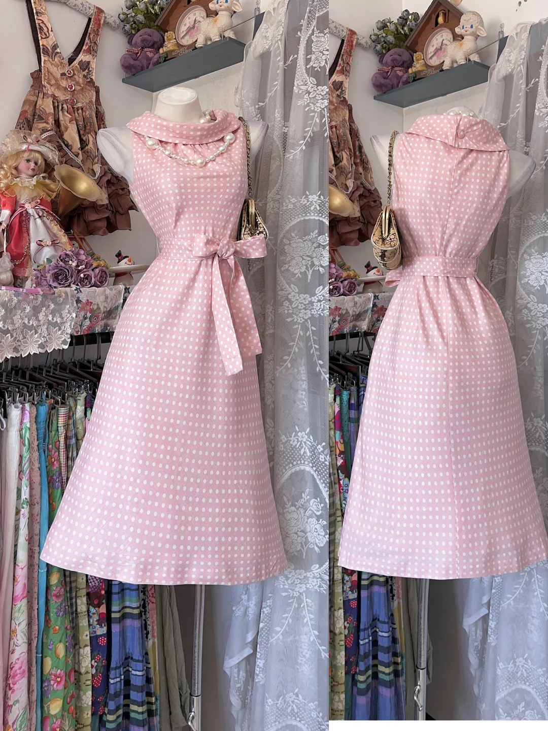 Elegant Vintage Pink Base White Polka Dot Sleeveless Fitted Waist Prom & Evening Party Dress gh8484