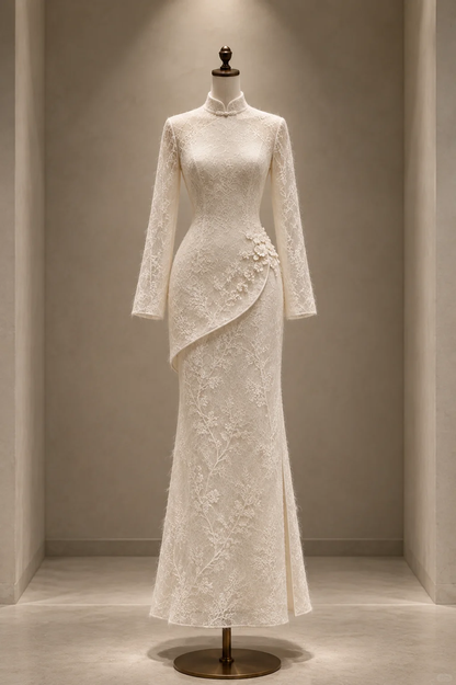✨Girlhomeshops-Elegant Ivory Lace Mermaid Qipao Bridal Evening Gown gh10325