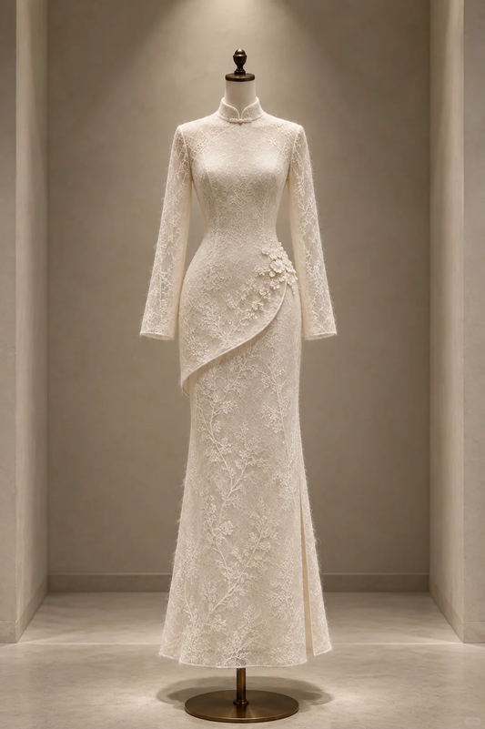 ✨Girlhomeshops-Elegant Ivory Lace Mermaid Qipao Bridal Evening Gown gh10325