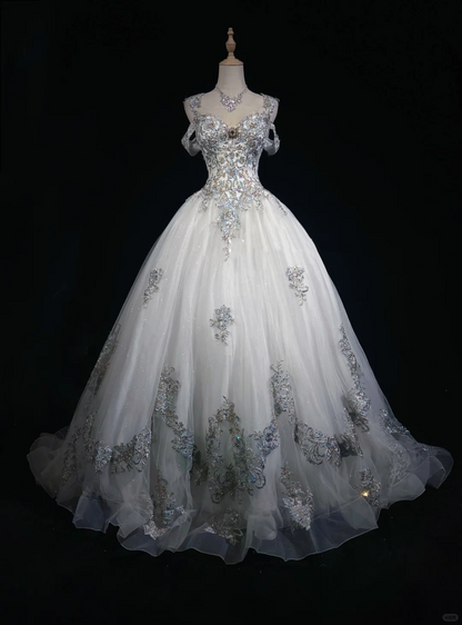 Sweetheart White Princess Ballgown Wedding Dress Off Shoulder Detachable Sleeves Sparkly Tulle Bridal Gown gh9539