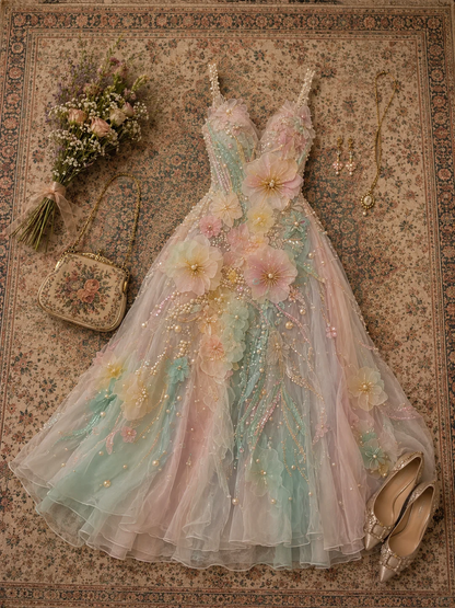 ✨Girlhomeshops-V Neck Spaghetti Strap Gradient Tulle Dress with 3D Flowers and Pearl Beading gh10292