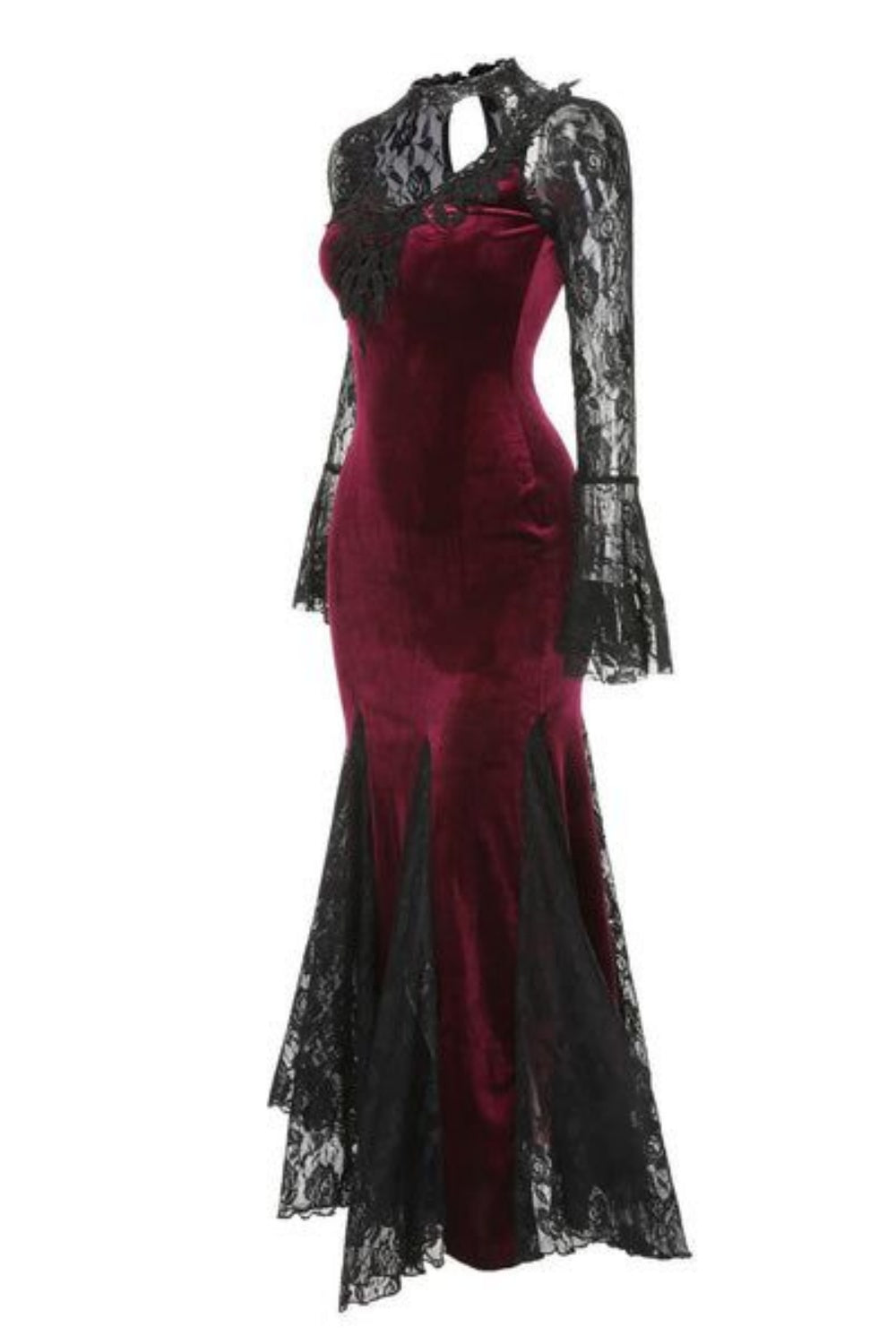 Girlhomeshops - Robe de soirée à manches longues en velours bordeaux et dentelle gothique GH5813