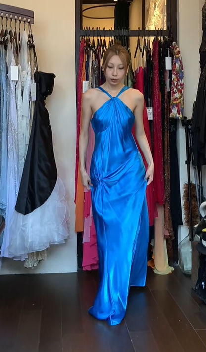 Royal Blue Halter Satin Prom Dress Twist Knot Waist Long Draped Formal Evening Gown gh9842