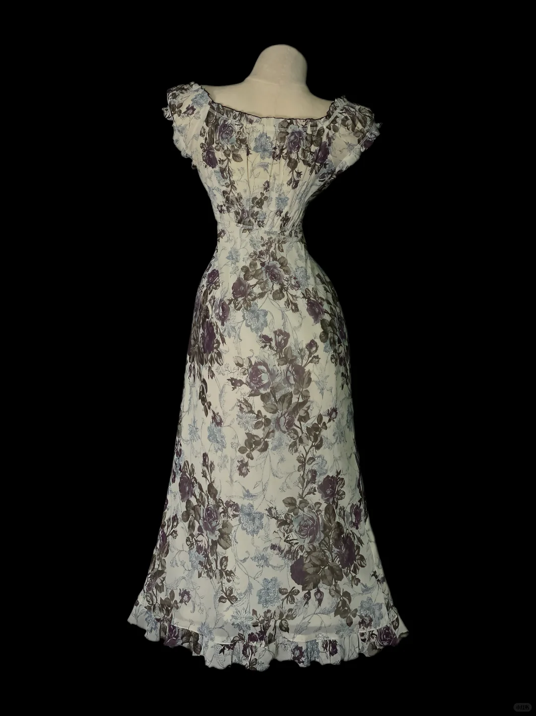 Vintage Oil‑Painting Floral Print Midi Gown, Off‑The‑Shoulder Ruffle Short Sleeves, Fitted Waist, Flared Midi Mermaid Skirt, Ruffled Hem, Retro Garden Prom Photoshoot Party Dress gh8871