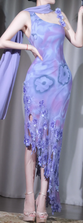 ✨Girlhomeshops-Lavender Ombre Party Dress One Shoulder 3D Sequin Floral Cutout Fringe Evening Gown gh10065