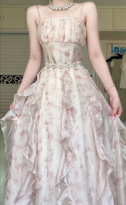 Floral Spaghetti Strap Long Evening Gown, Square Neck Chiffon Prom Dress With Asymmetrical Ruffle Skirt for Banquet Party gh8956