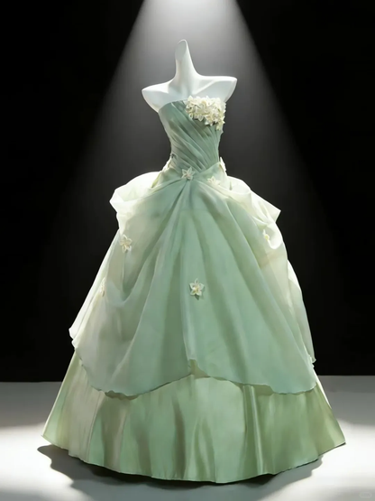Light Green Strapless Waist-Cinched Long Evening Dress, Fairy Gown, Romantic Gown gh7369