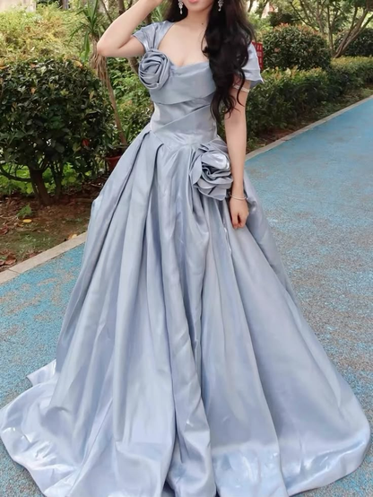 Dusty Blue Square Neck Satin Evening Gown Short Puff Sleeves 3D Floral Ball Gown Long Prom Dress gh9461