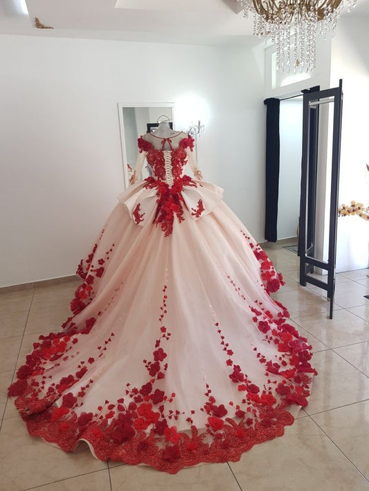 Rotes wunderschönes, exquisites, süßes Blumenapplikations-Langtüll-Ballkleid-Abendkleid-Brautkleid gh3344