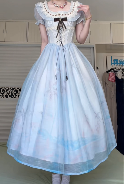 Light Blue Gradient Lolita Court‑Style Long Evening Gown, Square Neck Lace Ruffle Puff Sleeve Corset Lace‑Up Ball Prom Dress gh8996