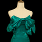 Peacock Green Satin Off‑the‑Shoulder Midi Evening Gown, Large Bow Detail, Fitted Sheath Silhouette, Formal Cocktail Prom Dress gh8905