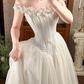 Off‑White Rose Spaghetti Strap Fitted Waist Figure‑Flattering Elegant Full Flared Skirt Vintage Prom Gown, Wedding Dress gh8601
