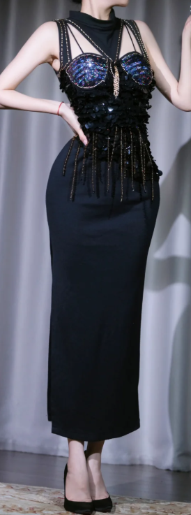 ✨Girlhomeshops-Black Butterfly Sequin Two Piece Midi Gown Chain Strap Fringe Slit Party Dress gh10101